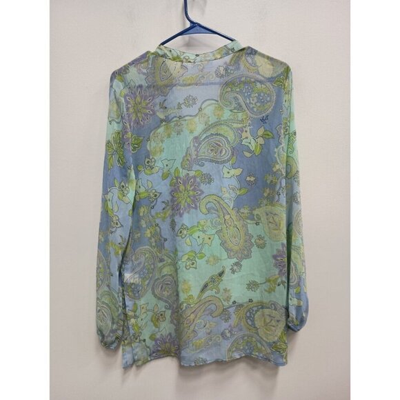 Susan Graver Womens Tunic Top Size Medium Blue Green Paisley Chiffon Blouse - Picture 8 of 9